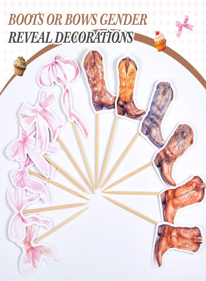 Kolldenn 36 Pcs Boots or Bows Gender Reveal Cupcake Toppers Cowboy or Cowgirl Gender Reveal Decorations Watercolor Western Baby Shower Birthday Party Supplies, Brown and Pink - Image 3