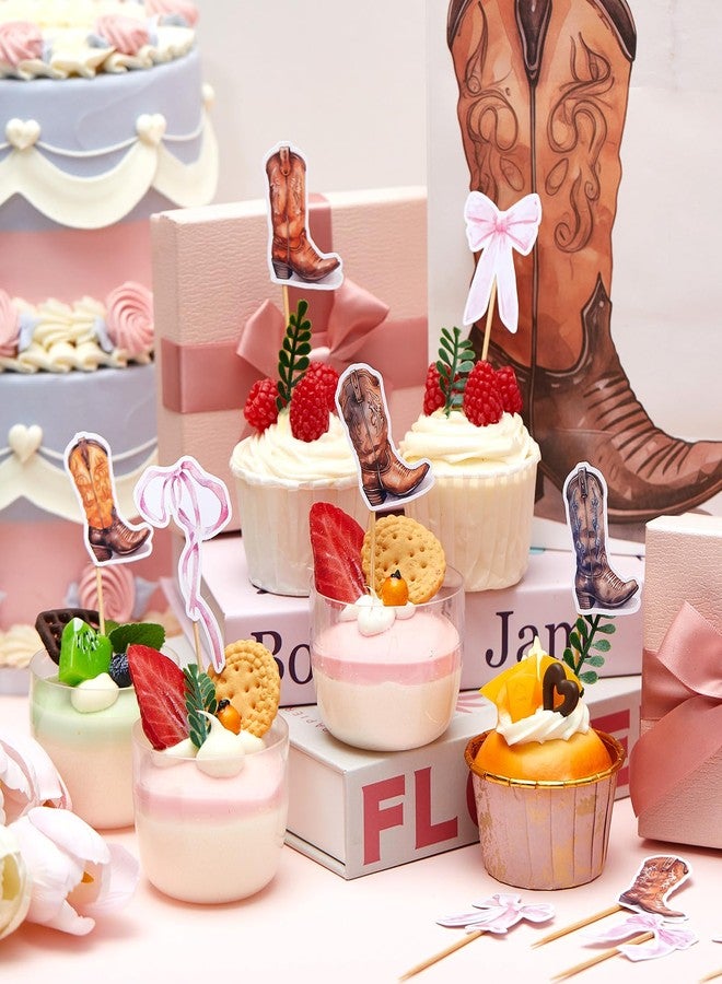Kolldenn 36 Pcs Boots or Bows Gender Reveal Cupcake Toppers Cowboy or Cowgirl Gender Reveal Decorations Watercolor Western Baby Shower Birthday Party Supplies, Brown and Pink - Image 4