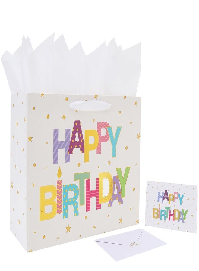 Qirrmiy 13'' Large Happy Birthday Gift Bag Set with Handles, Greeting Card, White Tissue Papers and Stickers for Women Girls Kids Teens, Foil Letter Design, 1 Pcs - Image 1