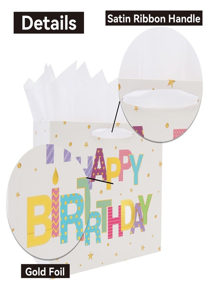 Qirrmiy 13'' Large Happy Birthday Gift Bag Set with Handles, Greeting Card, White Tissue Papers and Stickers for Women Girls Kids Teens, Foil Letter Design, 1 Pcs - Image 4