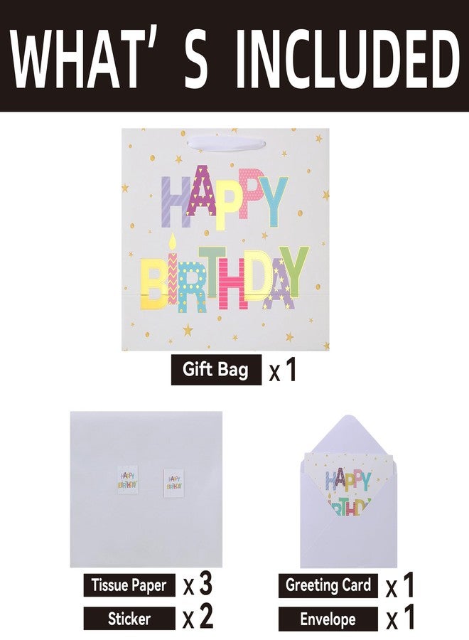 Qirrmiy 13'' Large Happy Birthday Gift Bag Set with Handles, Greeting Card, White Tissue Papers and Stickers for Women Girls Kids Teens, Foil Letter Design, 1 Pcs - Image 3