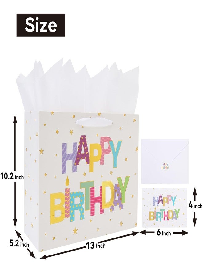 Qirrmiy 13'' Large Happy Birthday Gift Bag Set with Handles, Greeting Card, White Tissue Papers and Stickers for Women Girls Kids Teens, Foil Letter Design, 1 Pcs - Image 2