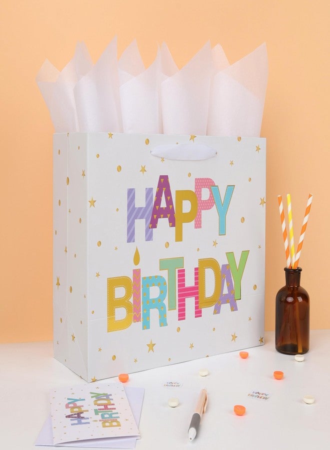Qirrmiy 13'' Large Happy Birthday Gift Bag Set with Handles, Greeting Card, White Tissue Papers and Stickers for Women Girls Kids Teens, Foil Letter Design, 1 Pcs - Image 5