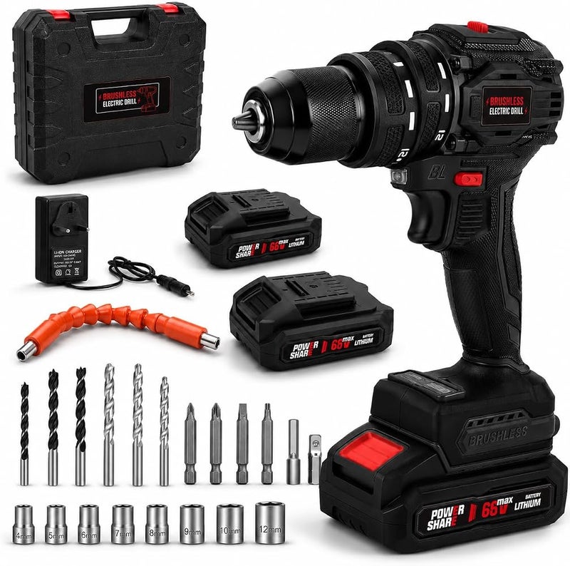 Bentifar Brushless Cordless Drill, 68V, 50 Torque Settings, 2 Variable Speeds, Black/Red, with 2 Batteries, Fast Charger, LED Light, and Storage Case - Image 1