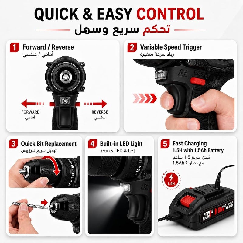 Bentifar Brushless Cordless Drill, 68V, 50 Torque Settings, 2 Variable Speeds, Black/Red, with 2 Batteries, Fast Charger, LED Light, and Storage Case - Image 4