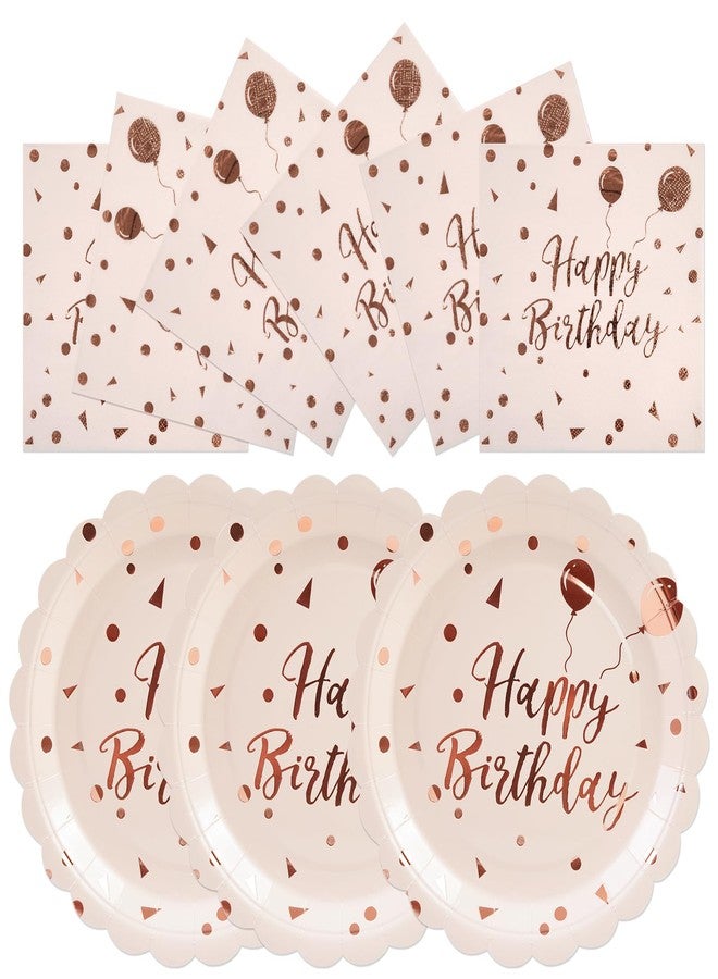 HFBOBP 50PCS Happy Birthday Paper Plates and Napkins Set - 7 Inch Pink Rose Gold Birthday Cake Plates Scalloped Dessert Plate Disposable Tableware for Birthday's Party Supplies Decorations - Image 1