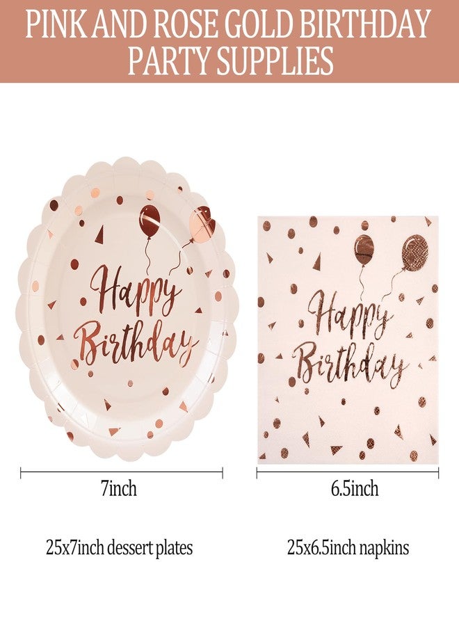 HFBOBP 50PCS Happy Birthday Paper Plates and Napkins Set - 7 Inch Pink Rose Gold Birthday Cake Plates Scalloped Dessert Plate Disposable Tableware for Birthday's Party Supplies Decorations - Image 3