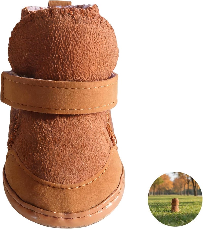 Dog Booties for Small Dogs, 4 Pcs Brown Fleece-Lined Winter Shoes with Hook Loop Closure, Paw Print Design for Chihuahua - Image 2