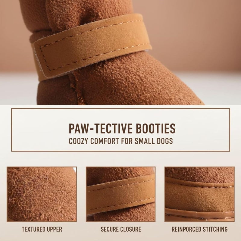 Dog Booties for Small Dogs, 4 Pcs Brown Fleece-Lined Winter Shoes with Hook Loop Closure, Paw Print Design for Chihuahua - Image 4
