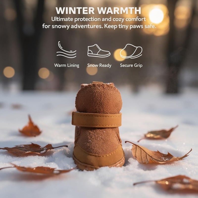 Dog Booties for Small Dogs, 4 Pcs Brown Fleece-Lined Winter Shoes with Hook Loop Closure, Paw Print Design for Chihuahua - Image 5