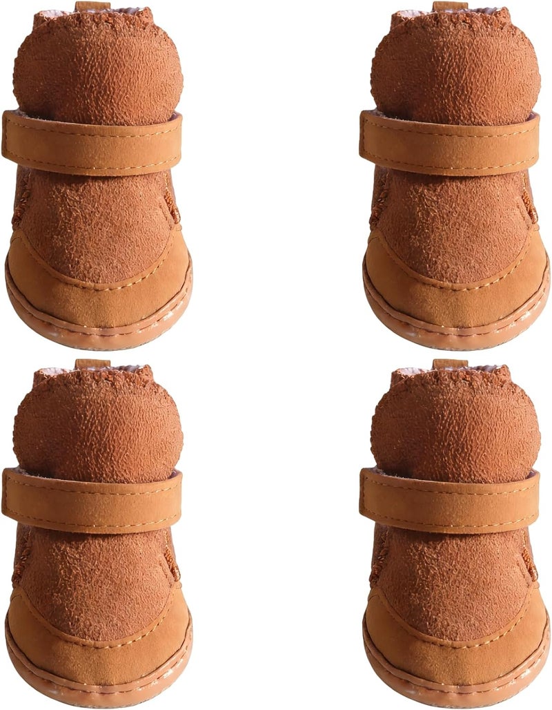 Dog Booties for Small Dogs, 4 Pcs Brown Fleece-Lined Winter Shoes with Hook Loop Closure, Paw Print Design for Chihuahua - Image 1