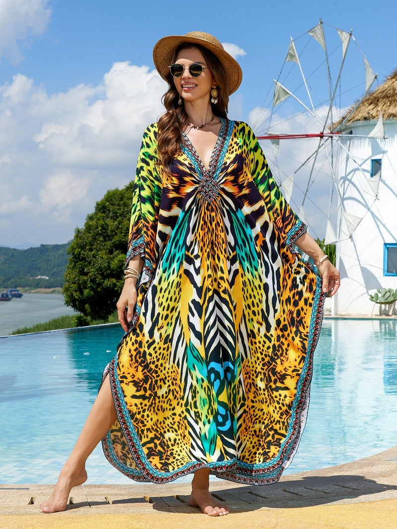 IMAGEKOPE Kaftan Dresses for Women Plus Size V-Neck Moo Moos Batwing Kaftan Beach Dress Bathing Suit Cover-Up Loungewear - Image 2