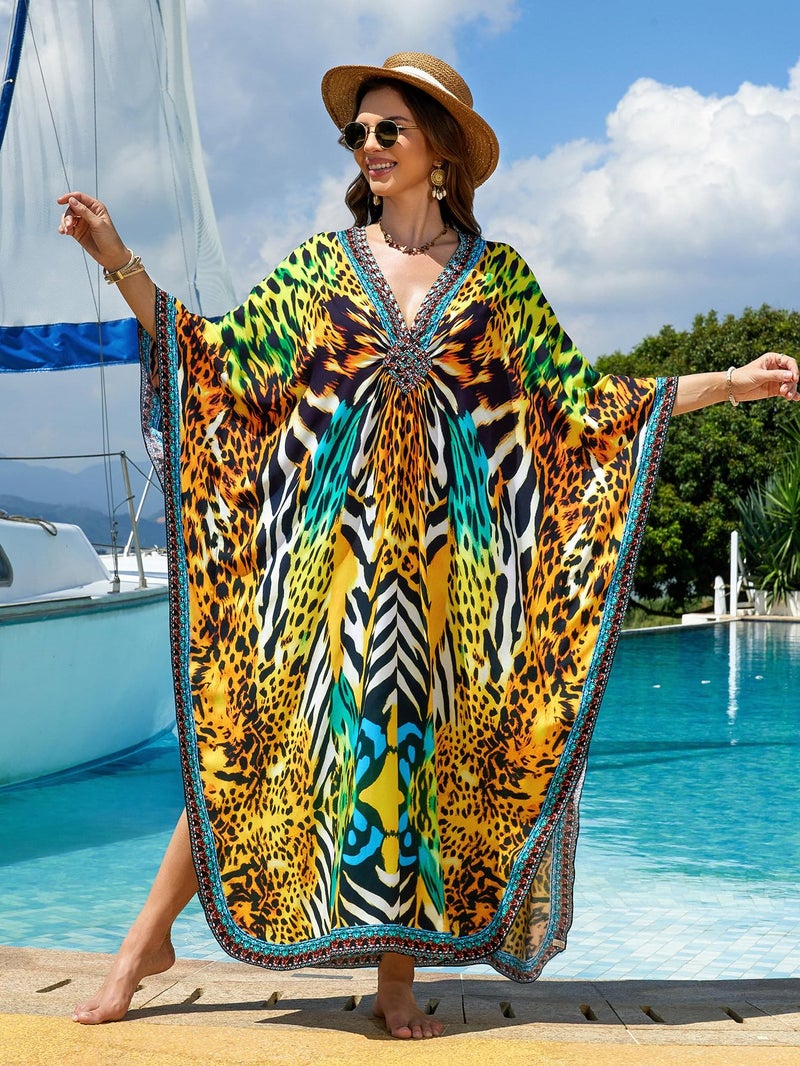 IMAGEKOPE Kaftan Dresses for Women Plus Size V-Neck Moo Moos Batwing Kaftan Beach Dress Bathing Suit Cover-Up Loungewear - Image 4