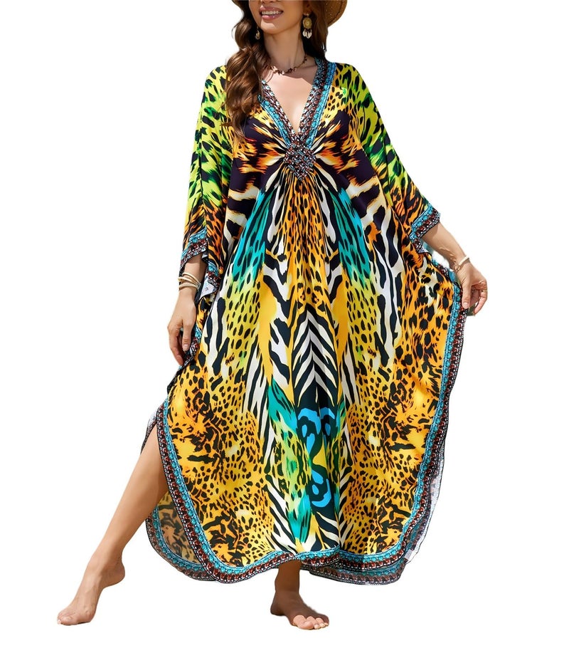 IMAGEKOPE Kaftan Dresses for Women Plus Size V-Neck Moo Moos Batwing Kaftan Beach Dress Bathing Suit Cover-Up Loungewear - Image 1