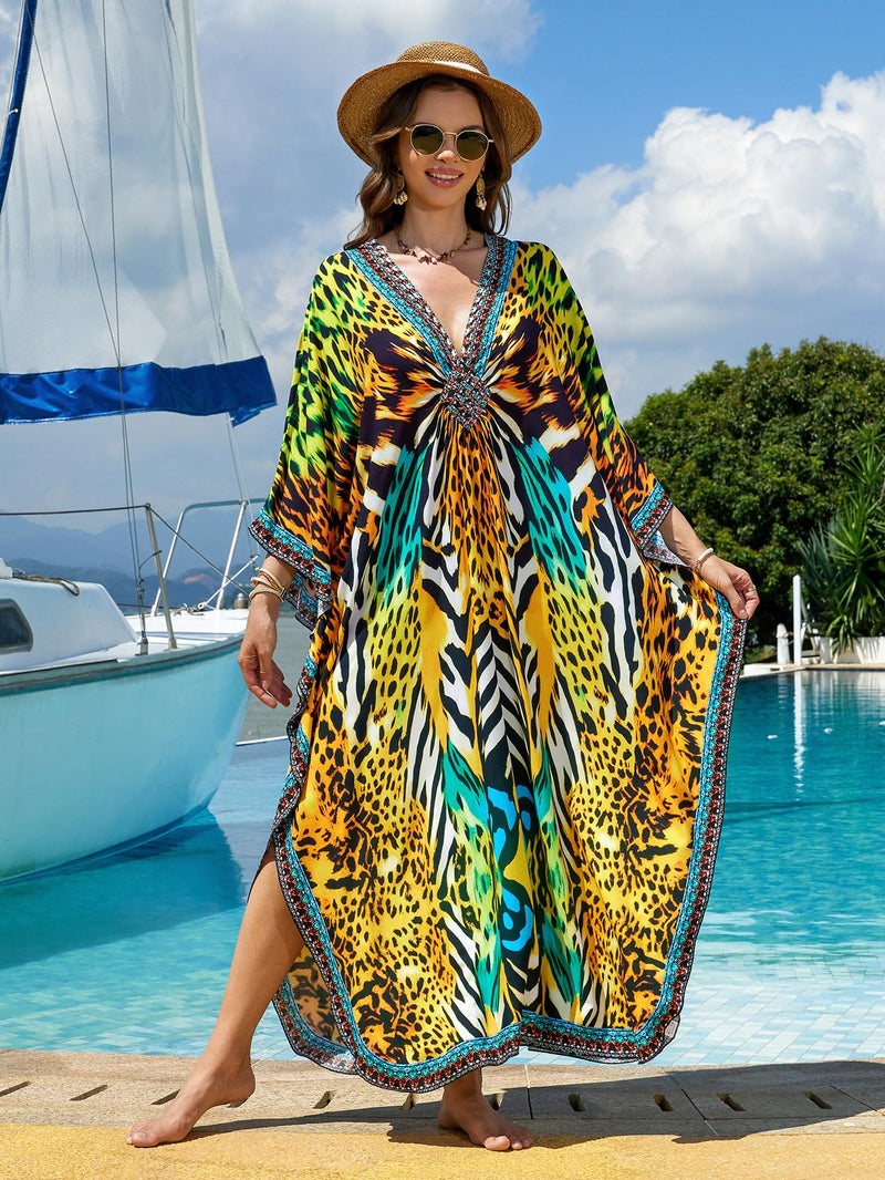 IMAGEKOPE Kaftan Dresses for Women Plus Size V-Neck Moo Moos Batwing Kaftan Beach Dress Bathing Suit Cover-Up Loungewear - Image 3