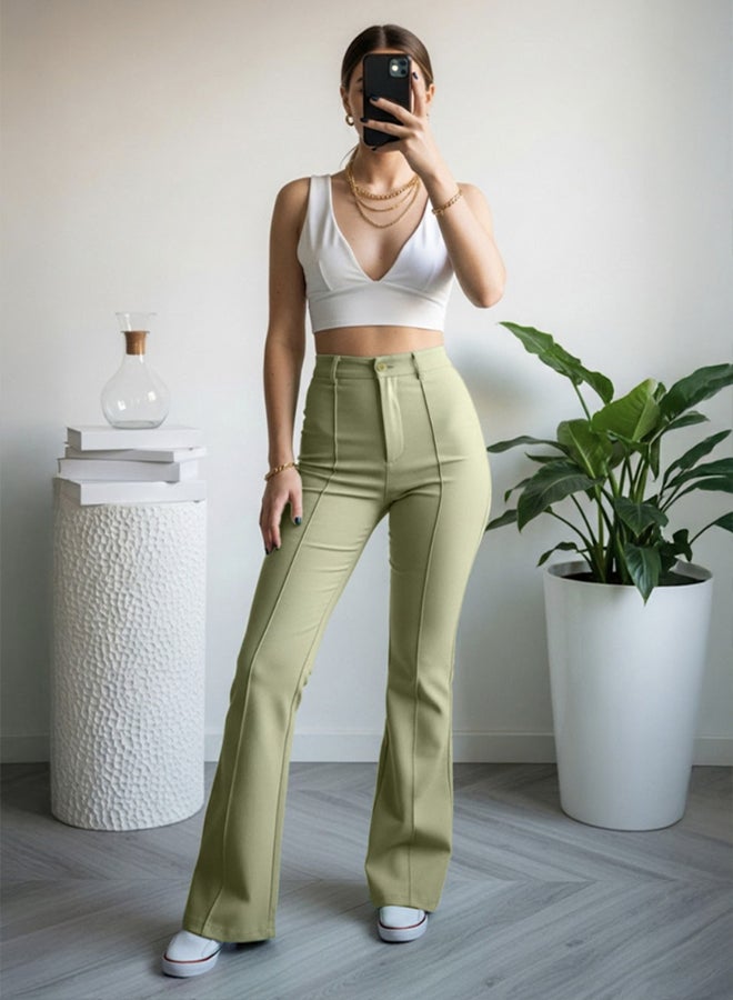 trendyol Green Straight Cut High Waist Ribbed Stitched Woven Trousers TWOSS21PL0093 - Image 1