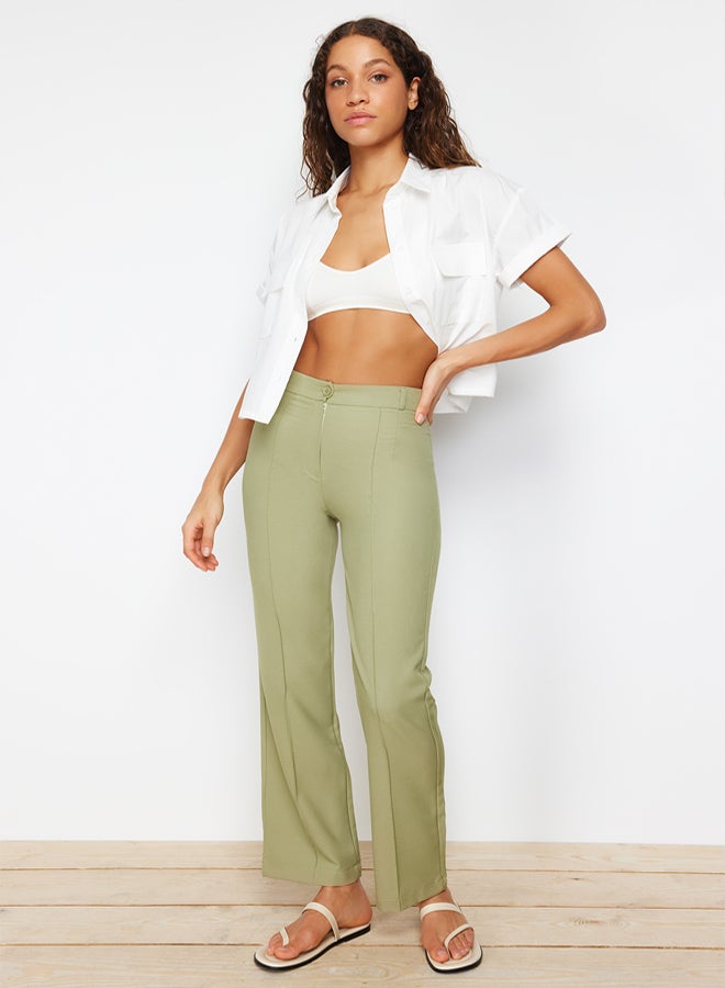trendyol Green Straight Cut High Waist Ribbed Stitched Woven Trousers TWOSS21PL0093 - Image 4