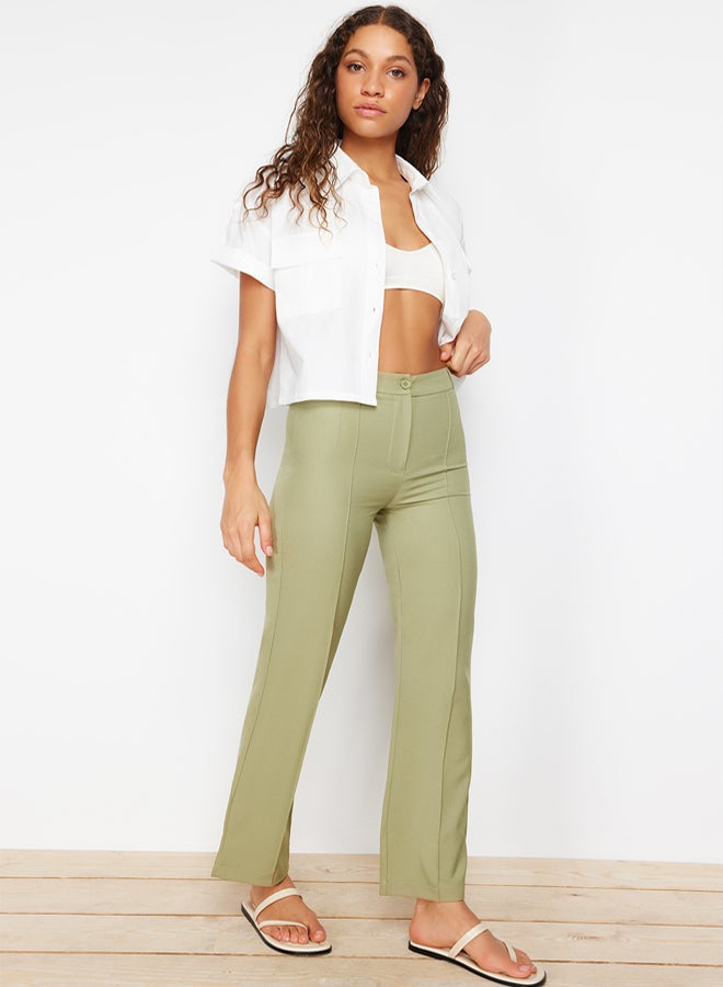 trendyol Green Straight Cut High Waist Ribbed Stitched Woven Trousers TWOSS21PL0093 - Image 3