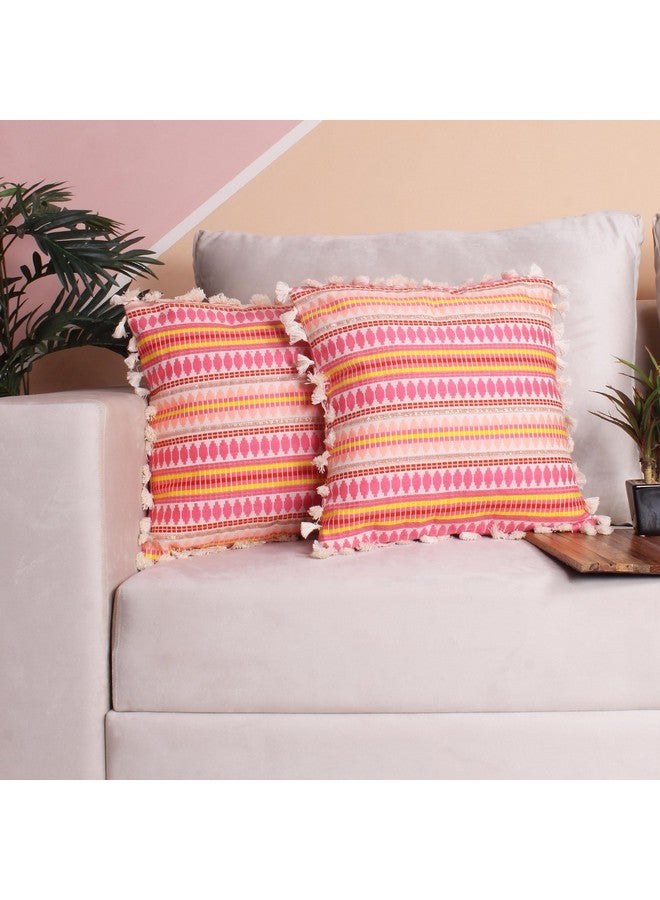 STITCHNEST أغطية وسائد هندسية وردية من STITCHNEST مجموعة من 2 - 16x16 بوصة | قماش منسوج مع خيوط | أغطية وسائد زخرفية للأريكة، السرير، غرفة المعيشة وديكور المنزل - Image 1