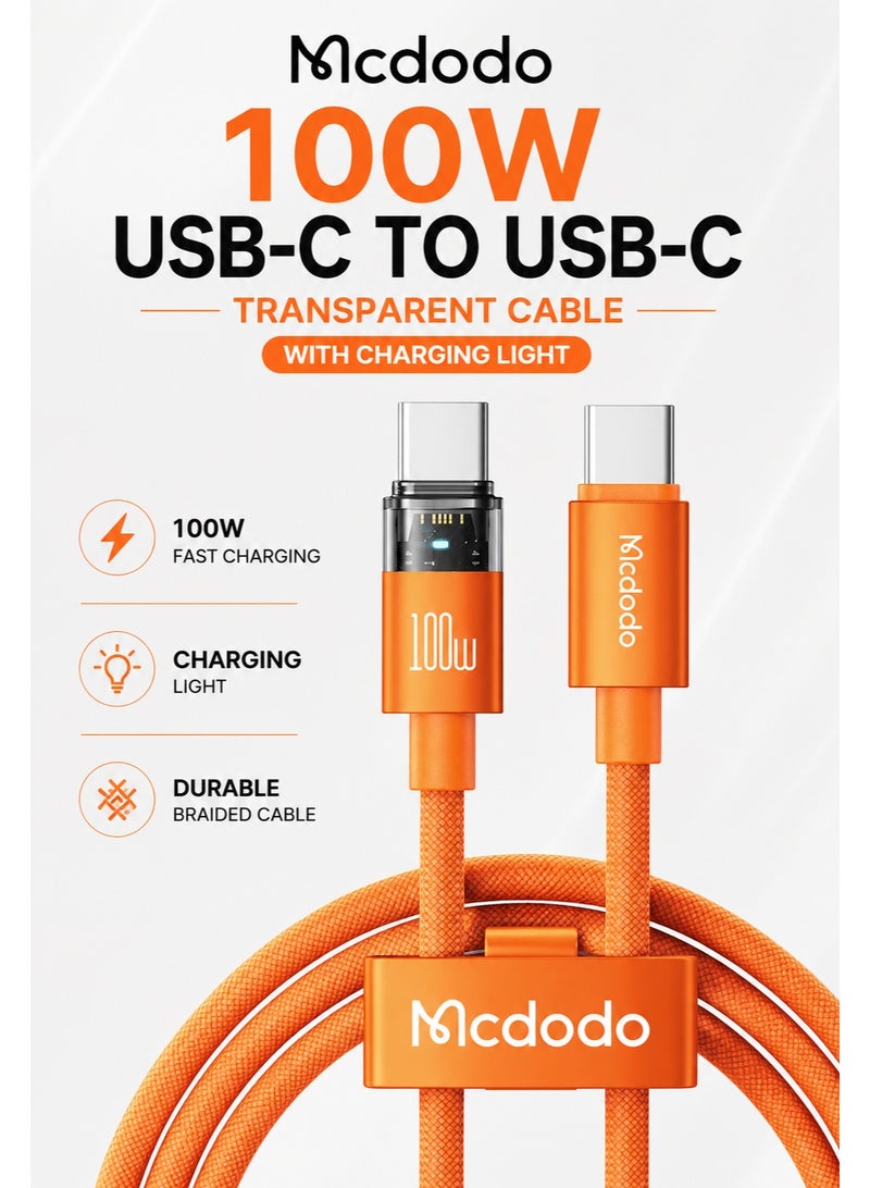 مكدودو كابل Mcdodo CA-5585 USB-C إلى USB-C بقدرة 100 واط PD شحن سريع بطول 1.2 متر تصميم شفاف برتقالي مع إضاءة LED لأجهزة Type-C - Image 1