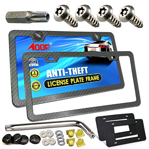 Aootf License Plate Frames Anti Theft- Tamper Proof Carbon Fiber Patterns Car Tag Holder, Heavy Duty Black Aluminum Bracket, Mount Hardware Kit- Stainless Steel Self-Tapping Screws Caps - Image 1