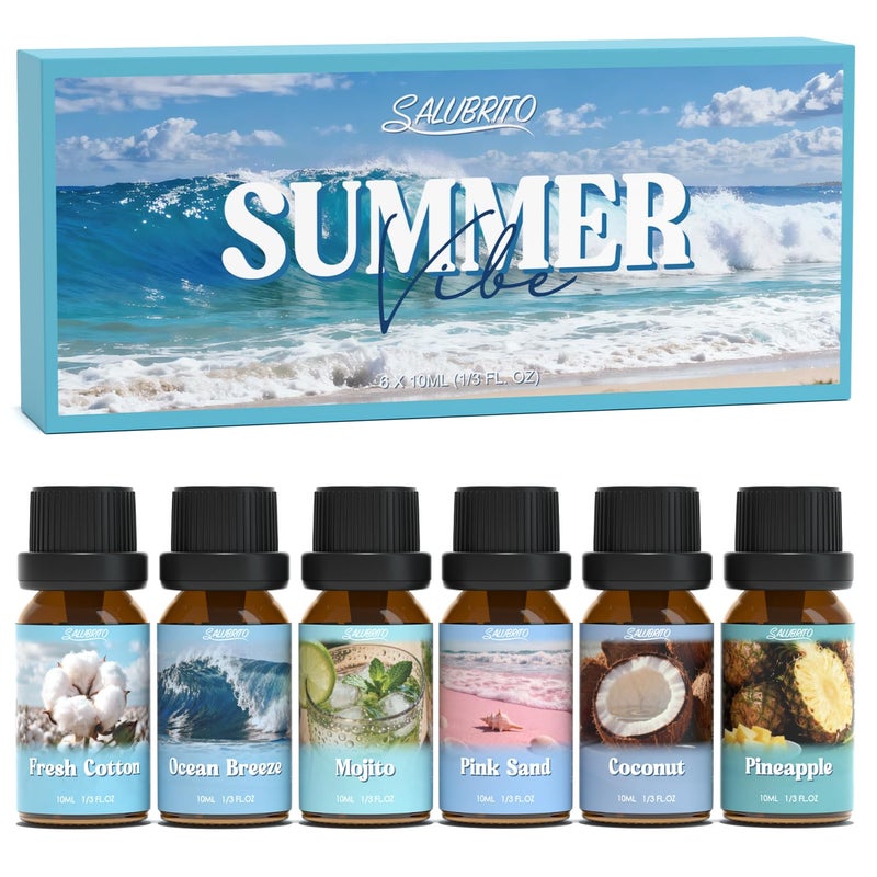 SALUBRITO Summer Fragrance Oils Set, Premium Essential Oils Set for Diffuser, Candle, Soap Making, Fresh Cotton, Coconut, Mojito, Pineapple, Ocean Breeze, Pink Island, Strong Scented Oils - Image 1