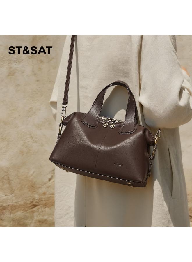 St&sat Women's Large Capacity Cowhide Commuter Shoulder Crossbody Handheld Boston Pillow Bag Birthday Gift - Image 2
