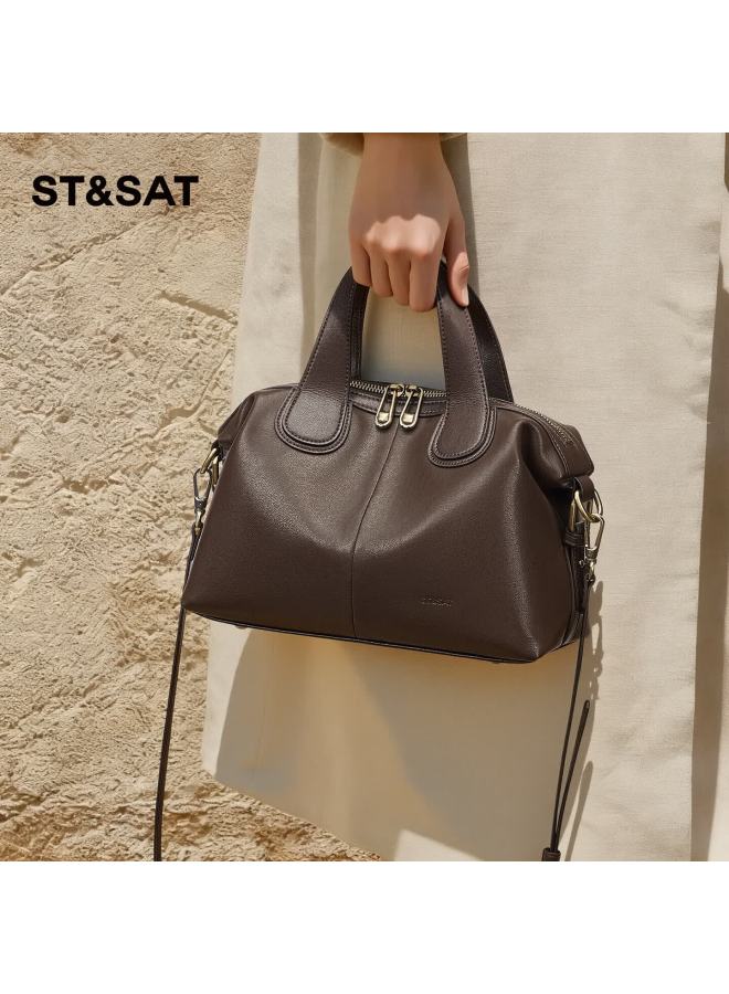 St&sat Women's Large Capacity Cowhide Commuter Shoulder Crossbody Handheld Boston Pillow Bag Birthday Gift - Image 1