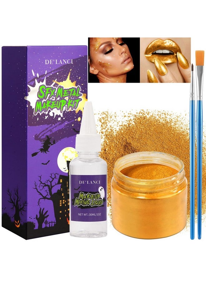 BEUSELF Gold Face Body Paint Metallic Powder Kit, Highly Pigmented Golden Metal Powder Face Painting With Mixing Liquid (1.06Oz) And 2 Brushes, Halloween Makeup Kit For Special Fx, Stage, Cosplay, Craft, Cos  - Image 1