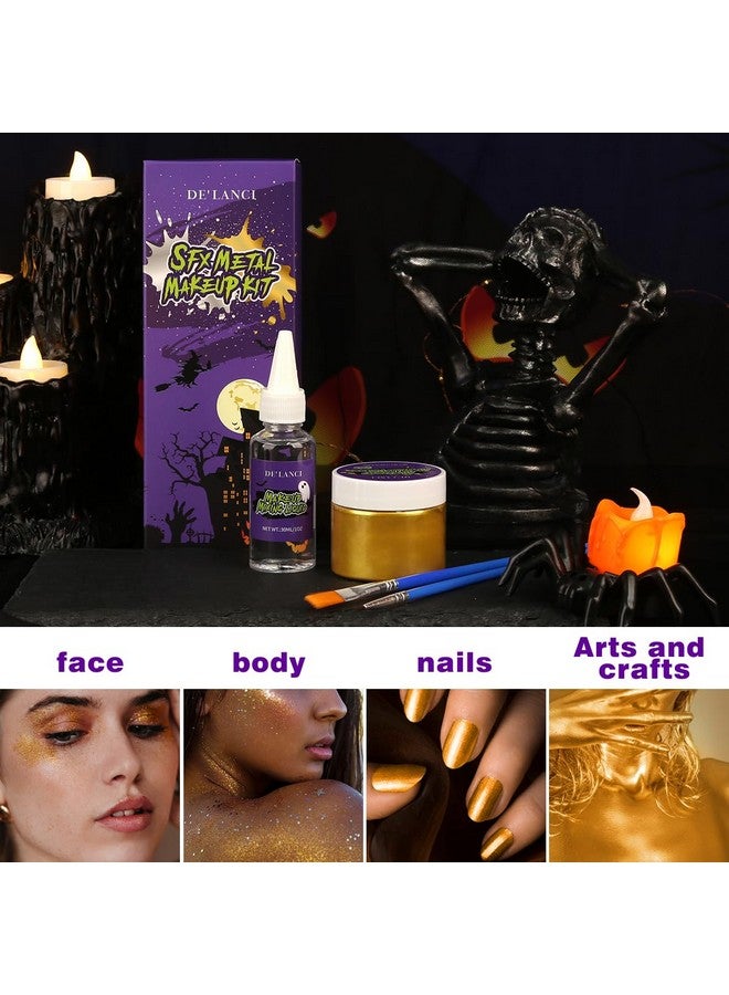 BEUSELF Gold Face Body Paint Metallic Powder Kit, Highly Pigmented Golden Metal Powder Face Painting With Mixing Liquid (1.06Oz) And 2 Brushes, Halloween Makeup Kit For Special Fx, Stage, Cosplay, Craft, Cos  - Image 3
