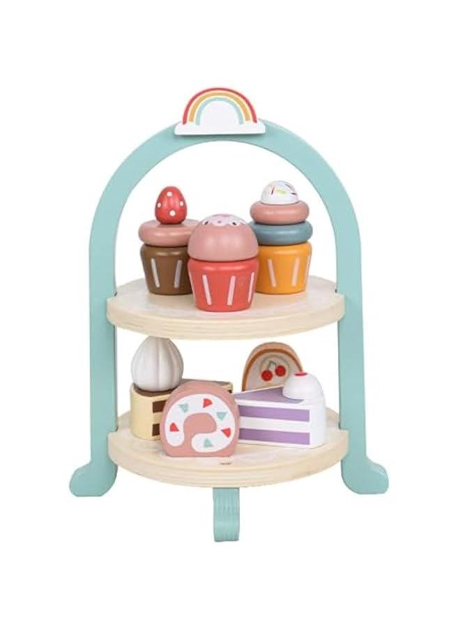 HOOKOR Wooden Dessert Cake Play Food Set Toys, Pretend Play Kids Tea Party Set for Little Girls Toddlers, Montessori Wooden Play Kitchen Accessories Sets for Kids (Dessert Set)  - Image 1