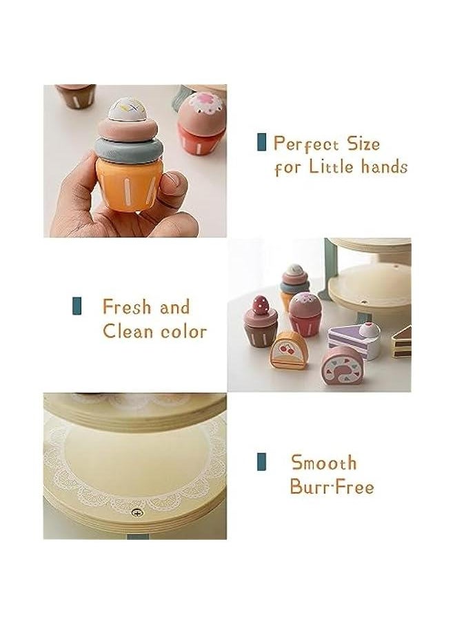 HOOKOR Wooden Dessert Cake Play Food Set Toys, Pretend Play Kids Tea Party Set for Little Girls Toddlers, Montessori Wooden Play Kitchen Accessories Sets for Kids (Dessert Set)  - Image 3