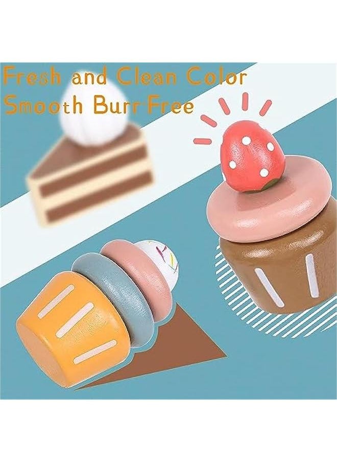 HOOKOR Wooden Dessert Cake Play Food Set Toys, Pretend Play Kids Tea Party Set for Little Girls Toddlers, Montessori Wooden Play Kitchen Accessories Sets for Kids (Dessert Set)  - Image 4