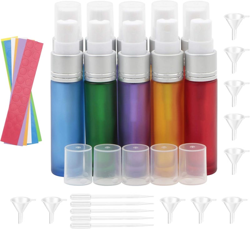 JIUWU 10 Pack 5 Colors Empty 10ml 1/3 Oz Fine Mist Atomizer Glass Bottle Spray Refillable Perfume Bottle with Silver Pump Portable Makeup Bottles 5 Droppers + 10 Funnels + 154 Labels