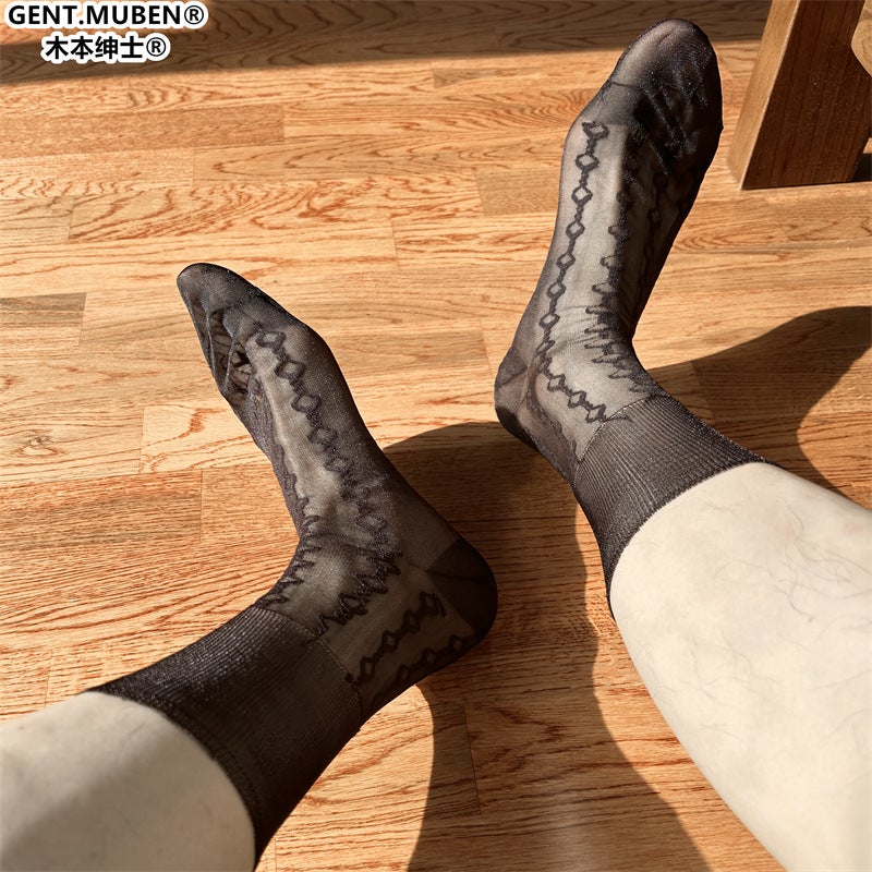 Lj02 جورب رجال قهوة سادة من النايلون الكامل بفتحة واسعة غير ملتفة بتصميم ماسي - Image 5