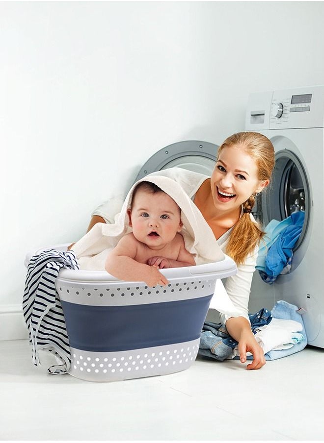 HomarKet - Blue Laundry Hamper, Collapsible Handled Plastic Laundry Basket, Foldable Pop-Up Storage Container/Organizer - Image 1