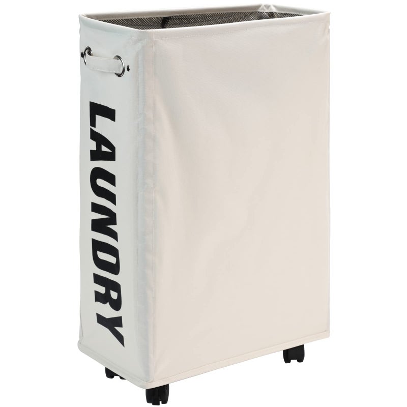 DOKEHOM 25-Inches Slim Laundry Basket on Wheels, Collapsible Rolling Laundry Hamper, Foldable Narrow Corner Clothes Storage Bins (Beige) - Image 1