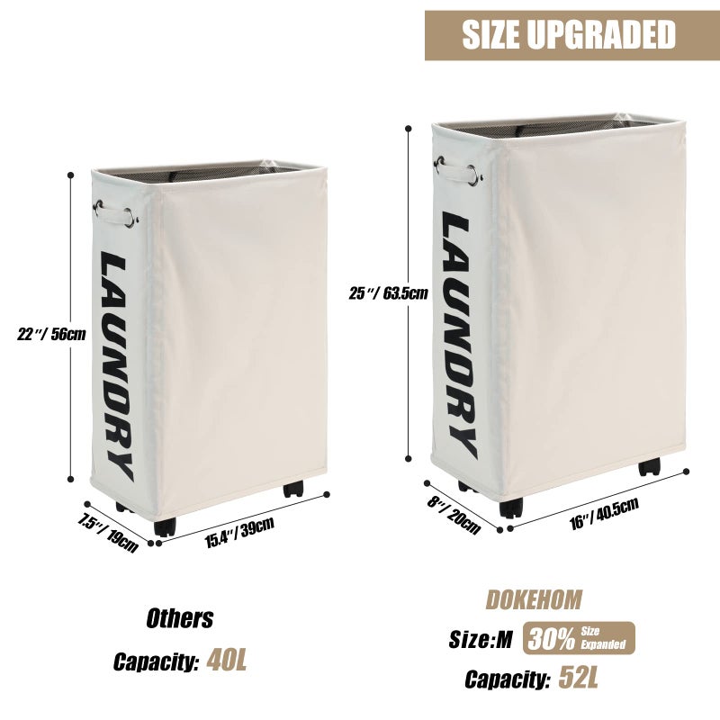 DOKEHOM 25-Inches Slim Laundry Basket on Wheels, Collapsible Rolling Laundry Hamper, Foldable Narrow Corner Clothes Storage Bins (Beige) - Image 3