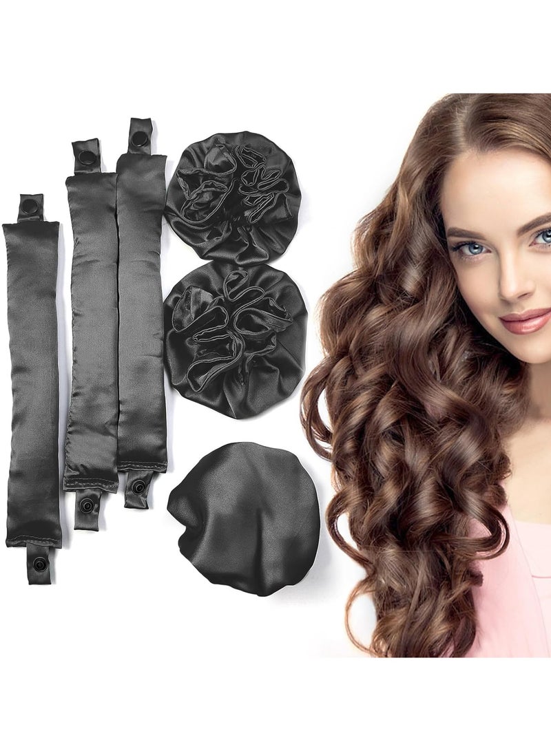 OVE Satin Heatless Hair Curlers 6PCS BLack, Pillow Soft Rollers with Caps, No Heat Curling Rods and Headband for All Hair Types - Image 1