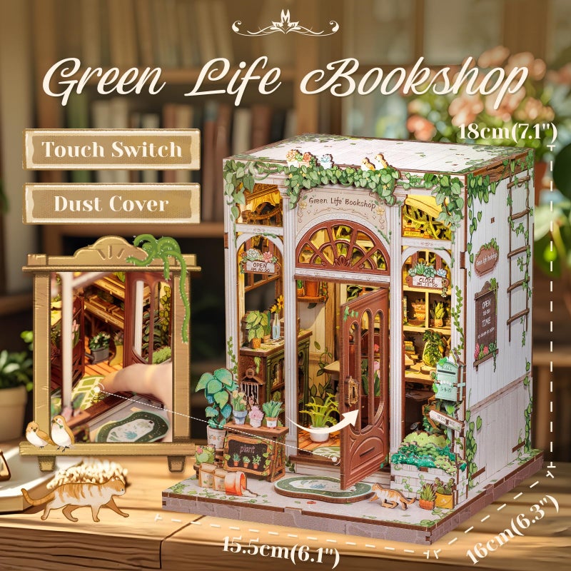 CUTEBEE Book Nook Kit - DIY Miniature House Dollhouse Kit for Adults and Teens, Booknook Tiny House Bookshelf Decor 3D Wooden Puzzle, Gifts for Family Friends (Green Life Bookshop) - Image 3