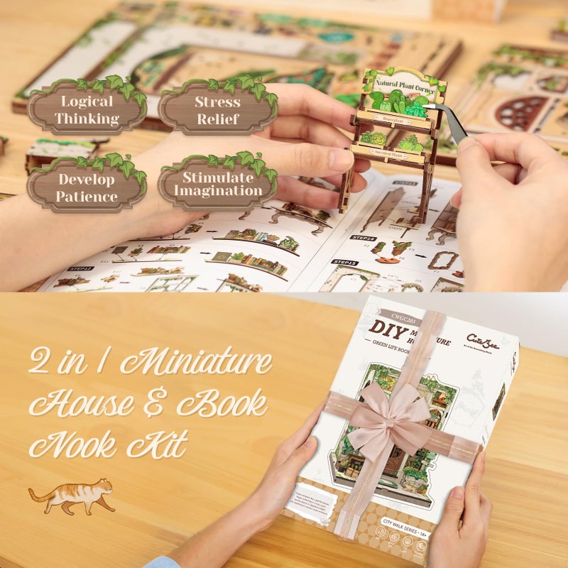 CUTEBEE Book Nook Kit - DIY Miniature House Dollhouse Kit for Adults and Teens, Booknook Tiny House Bookshelf Decor 3D Wooden Puzzle, Gifts for Family Friends (Green Life Bookshop) - Image 5