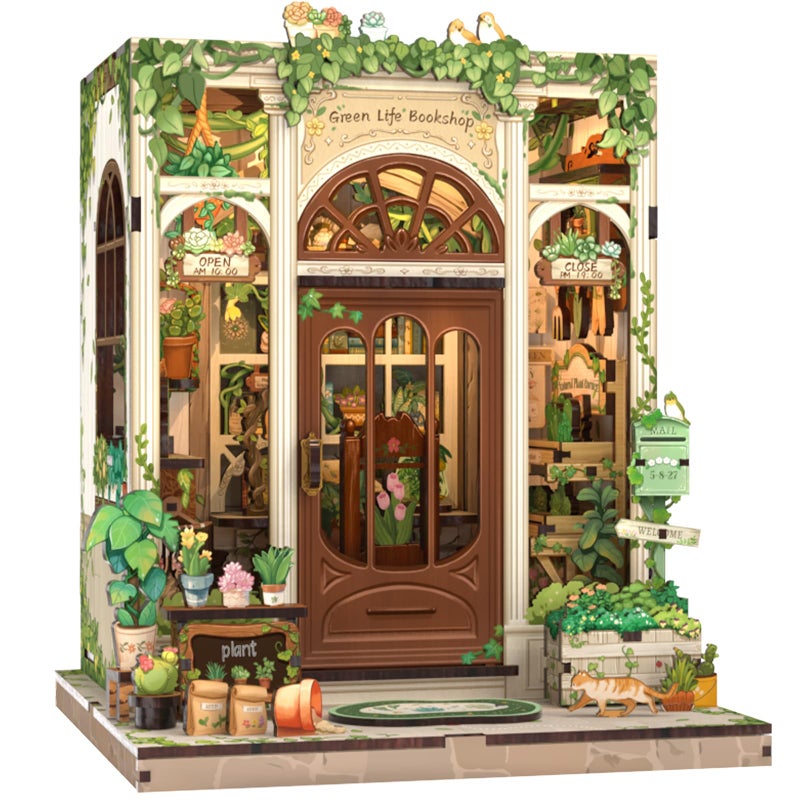 CUTEBEE Book Nook Kit - DIY Miniature House Dollhouse Kit for Adults and Teens, Booknook Tiny House Bookshelf Decor 3D Wooden Puzzle, Gifts for Family Friends (Green Life Bookshop) - Image 1
