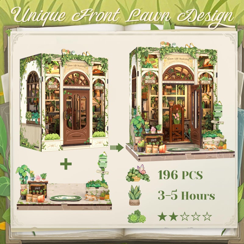 CUTEBEE Book Nook Kit - DIY Miniature House Dollhouse Kit for Adults and Teens, Booknook Tiny House Bookshelf Decor 3D Wooden Puzzle, Gifts for Family Friends (Green Life Bookshop) - Image 4