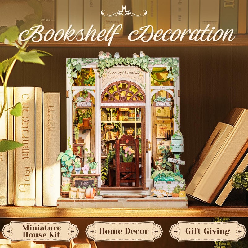 CUTEBEE Book Nook Kit - DIY Miniature House Dollhouse Kit for Adults and Teens, Booknook Tiny House Bookshelf Decor 3D Wooden Puzzle, Gifts for Family Friends (Green Life Bookshop) - Image 2