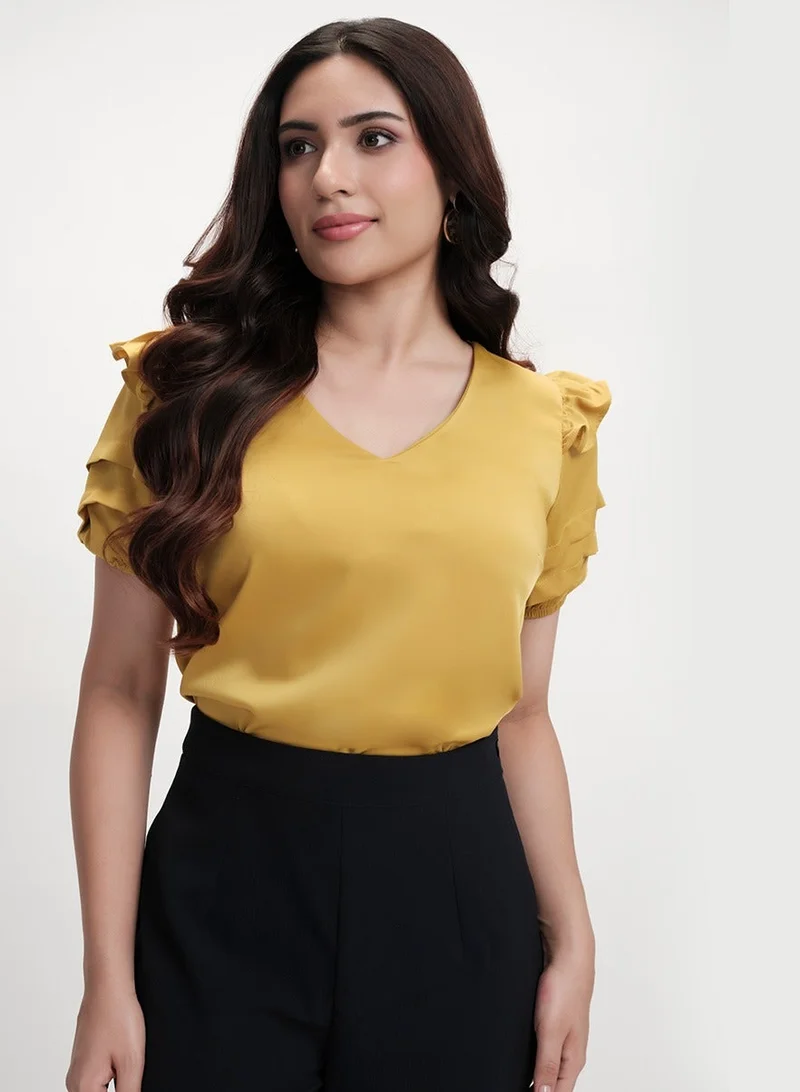 Zigzag Vneck Sleeve Detailed Satin Top