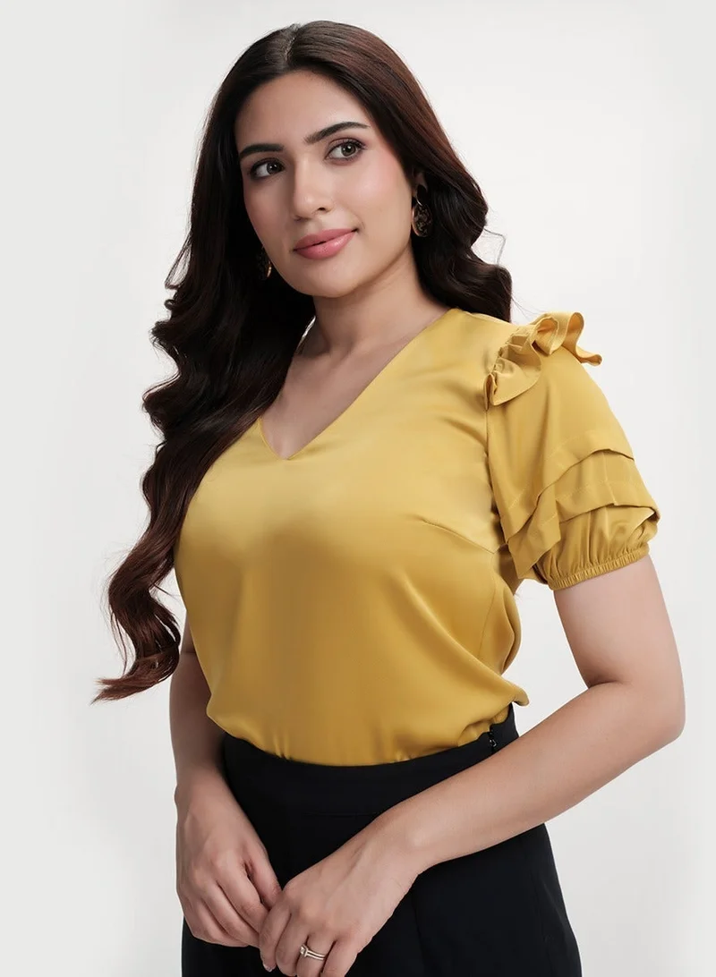 Zigzag Vneck Sleeve Detailed Satin Top