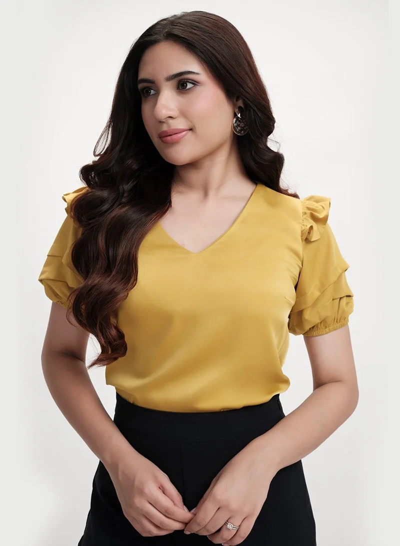 Zigzag Vneck Sleeve Detailed Satin Top