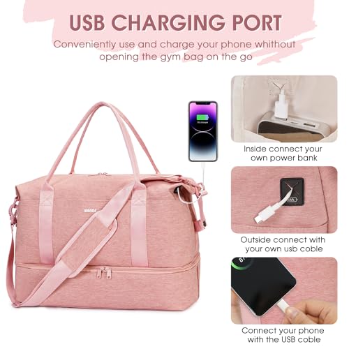 WANDF حقيبة شخصية بحجم 18x14x8 لخطوط سبيريت مع منفذ شحن USB، حقيبة سفر تحت المقعد مع جيب مبلل وحيز للأحذية، حقائب يد للنساء والرجال (وردي) - Image 5