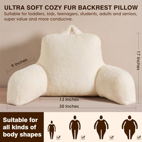 Jillche Bed Faux Fur Reading Pillow for Bed/Couch/Floor/Dorm, Great Cozy Back Pillow for Bed Sitting Up, Fluffy Fur Bed Pillow for Sitting Up for Adults/Teens/Kids, Upgrade Back Support Pillow, Ivory - Image 2