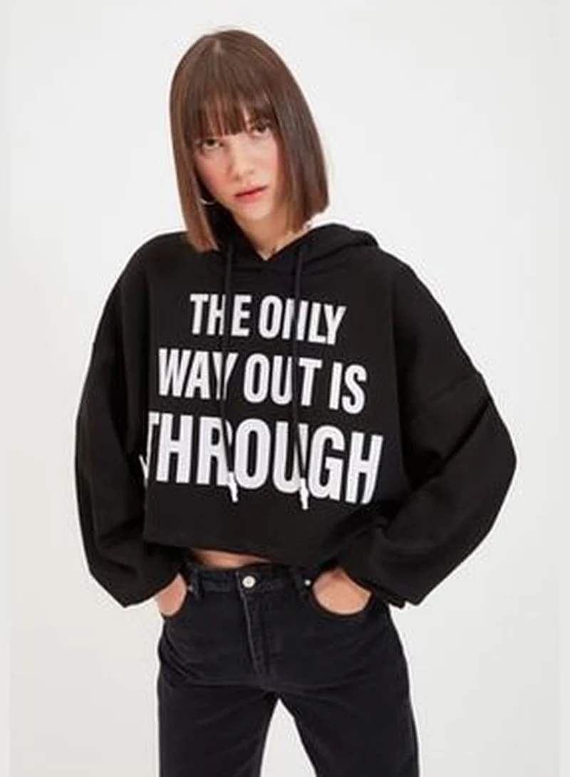 trendyol Black Printed Hoodie and Knitted Sweatshirt with Fleece Inside TWOAW22SW0725
